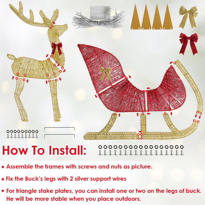 1Pc Lighted Christmas Reindeer & Sleigh Indoor Outdoor Christmas Decoration Christmas Lighted Display With 8 Lighting Modes